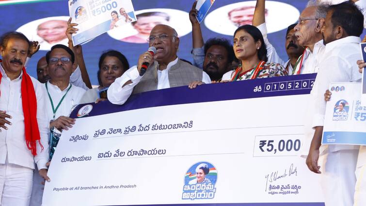 Elections 2024 Mallikarjun Kharge In AP Promises To Provide Rs 5000 Every Month To Eligible Poor Households